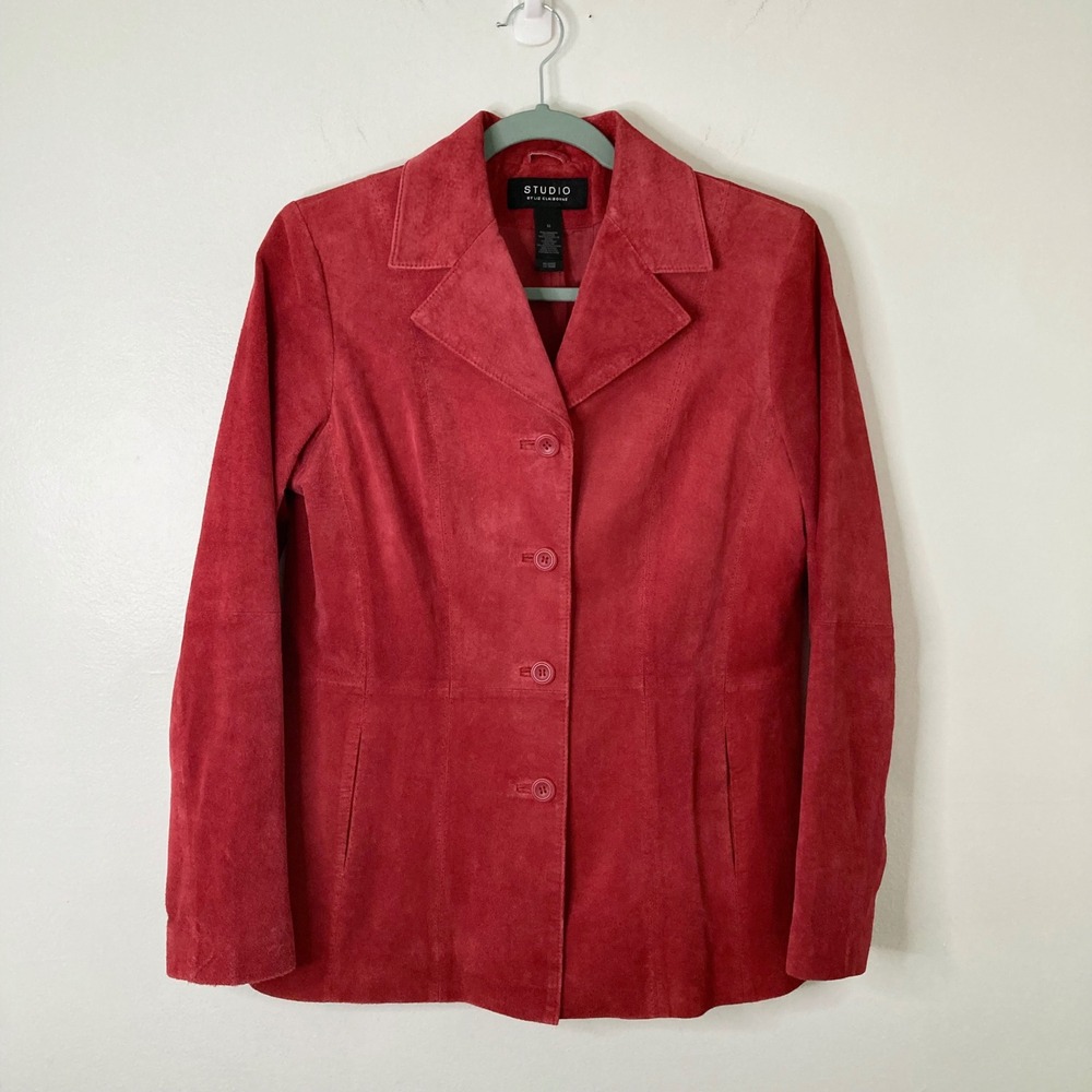 VTG Y2K Cherry Red 100% Suede Leather Blazer Jacket Studio by Liz Claiborne M